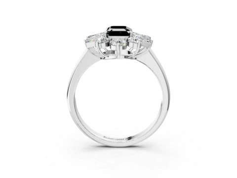 White gold Fancy Black Emerald Cut Diamond Cluster Ring with Round and Baguette Stones, Split Shank Band, Prong Setting_3