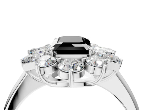 White gold Fancy Black Emerald Cut Diamond Cluster Ring with Round and Baguette Stones, Split Shank Band, Prong Setting_4