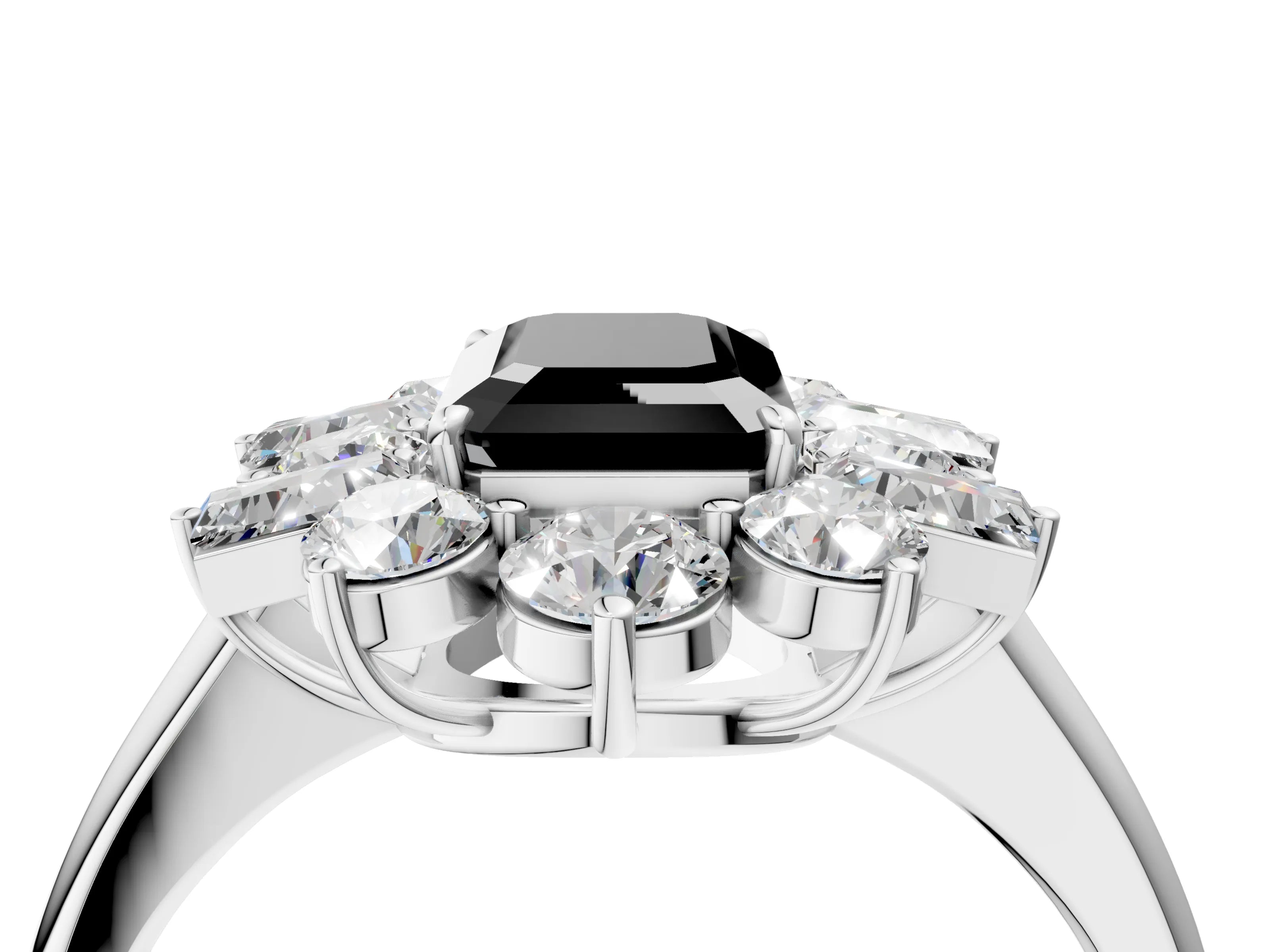 White gold Fancy Black Emerald Cut Diamond Cluster Ring with Round and Baguette Stones, Split Shank Band, Prong Setting_4