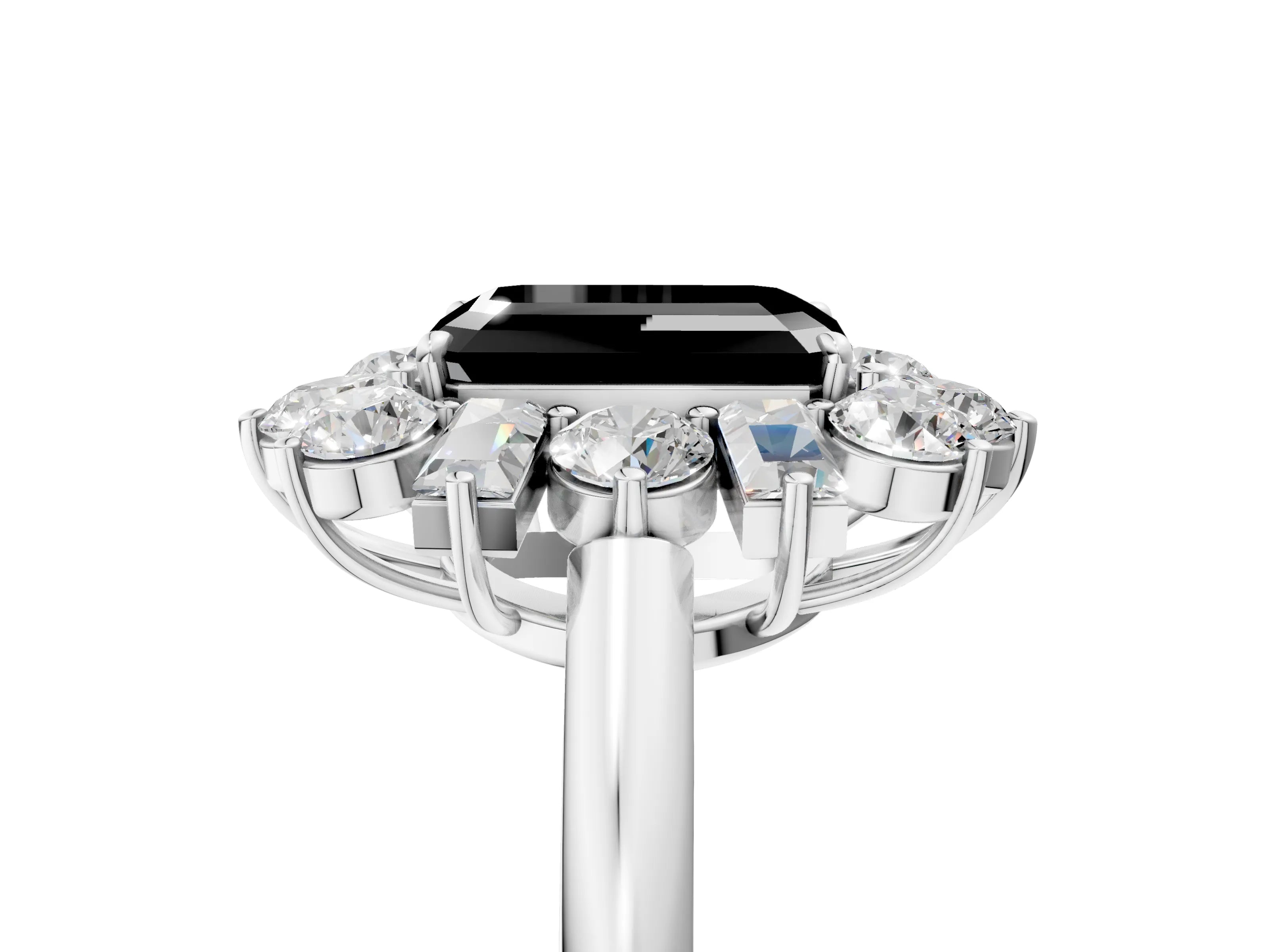 White gold Fancy Black Emerald Cut Diamond Cluster Ring with Round and Baguette Stones, Split Shank Band, Prong Setting_5