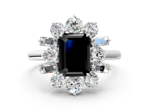 White gold Fancy Black Emerald Cut Diamond Cluster Ring with Round and Baguette Stones, Split Shank Band, Prong Setting