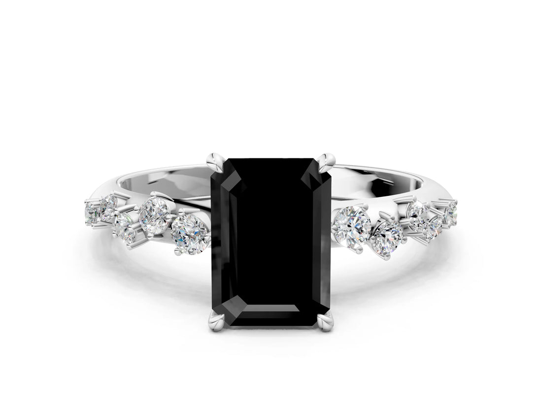 White gold Fancy Black Emerald Cut Diamond Cluster Side Stone Solitaire Ring with Prong Setting_48