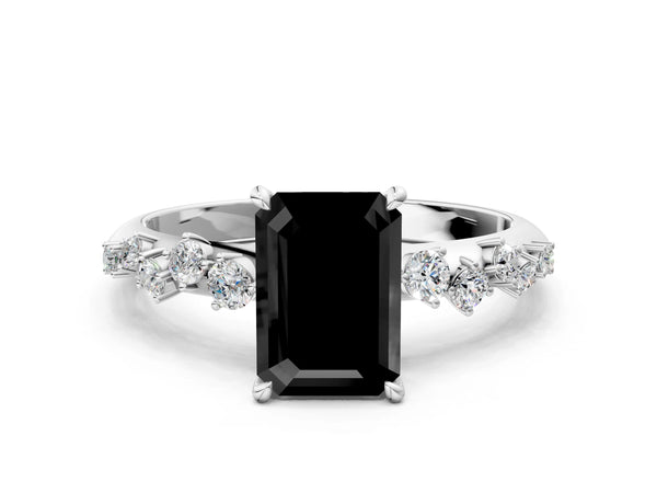 Platinum Emerald Cut Graduated Cluster Engagement Ring Setting for Black Center