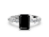 White gold Fancy Black Emerald Cut Diamond Cluster Side Stone Solitaire Ring with Prong Setting_48