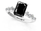 White gold Fancy Black Emerald Cut Diamond Cluster Side Stone Solitaire Ring with Prong Setting_49