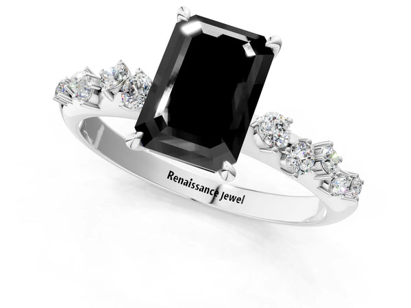 Platinum Emerald Cut Graduated Cluster Engagement Ring Setting for Black Center