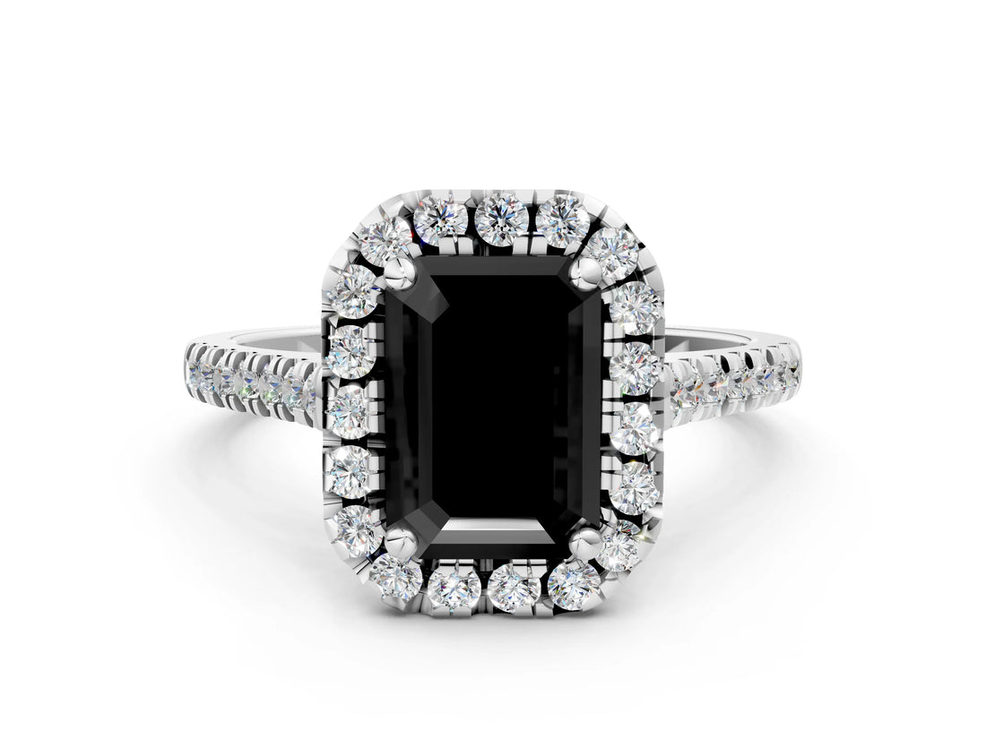 White gold Fancy Black Emerald Cut Diamond Cushion Halo Ring with Pavé Band_12