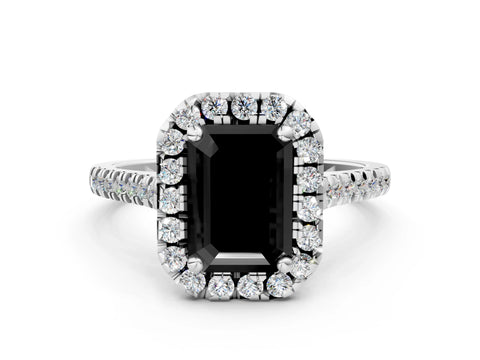 White gold Fancy Black Emerald Cut Diamond Cushion Halo Ring with Pavé Band_12