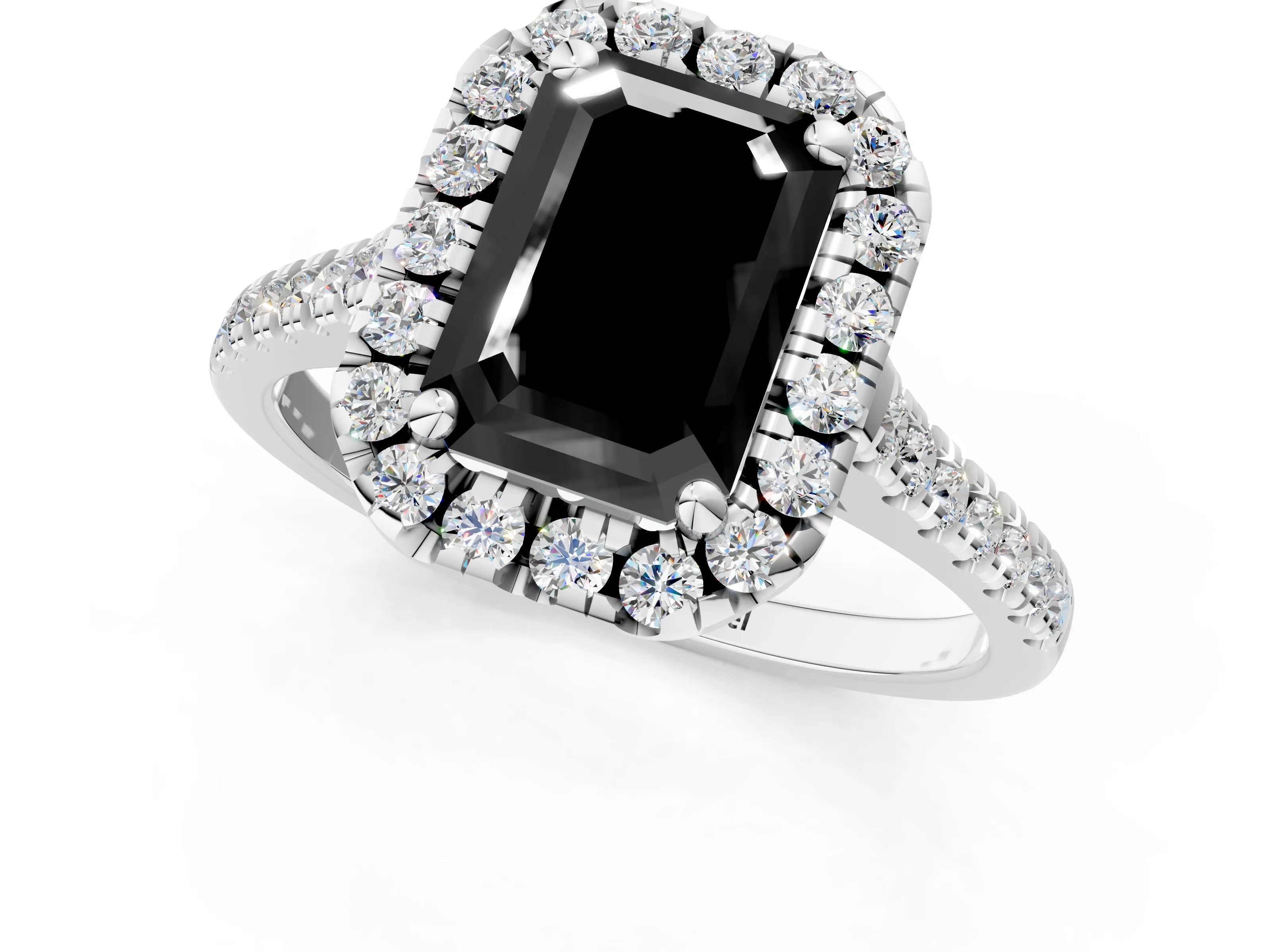 White gold Fancy Black Emerald Cut Diamond Cushion Halo Ring with Pavé Band_13