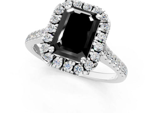 White gold Fancy Black Emerald Cut Diamond Cushion Halo Ring with Pavé Band_13