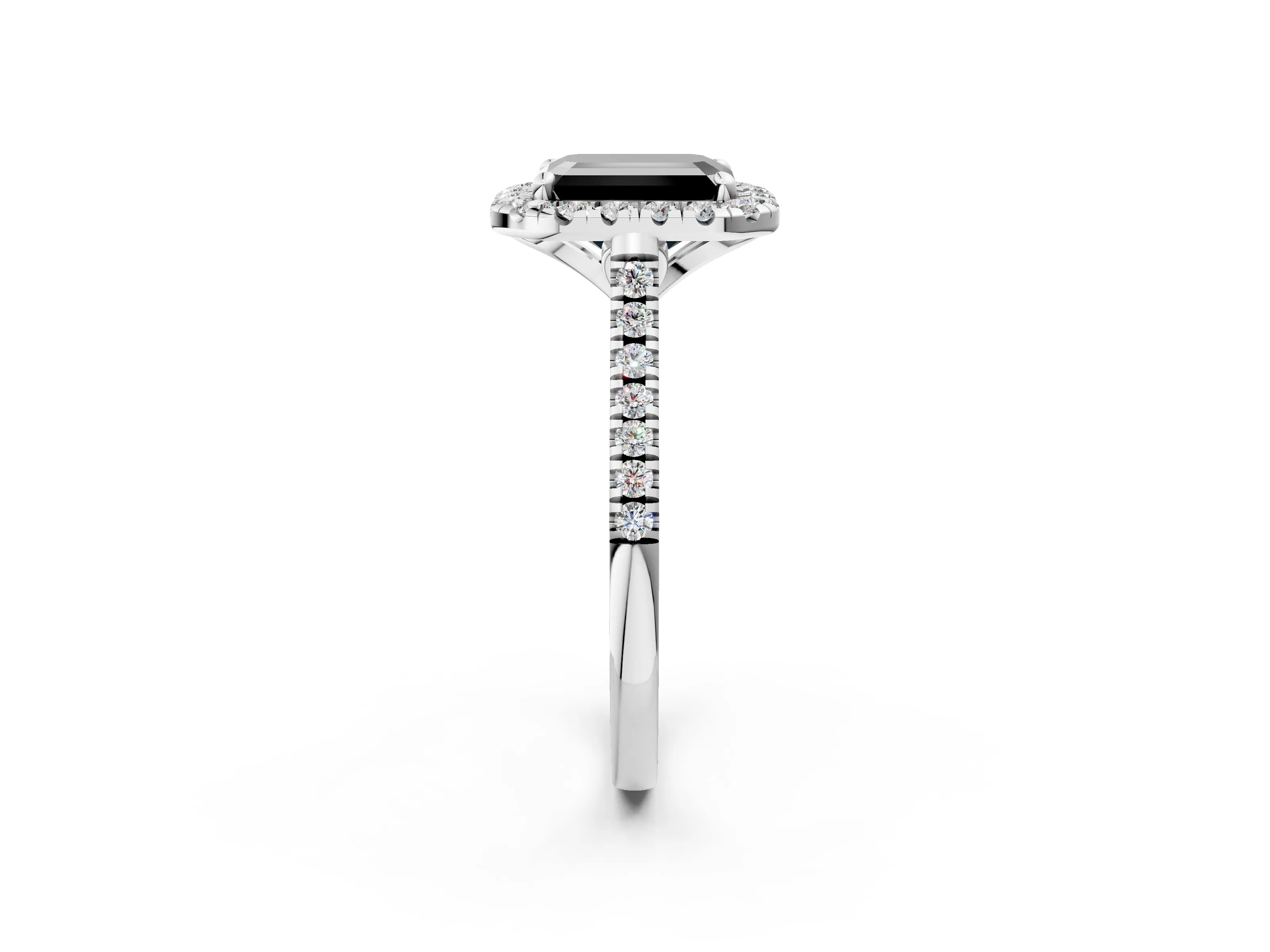 White gold Fancy Black Emerald Cut Diamond Cushion Halo Ring with Pavé Band_14