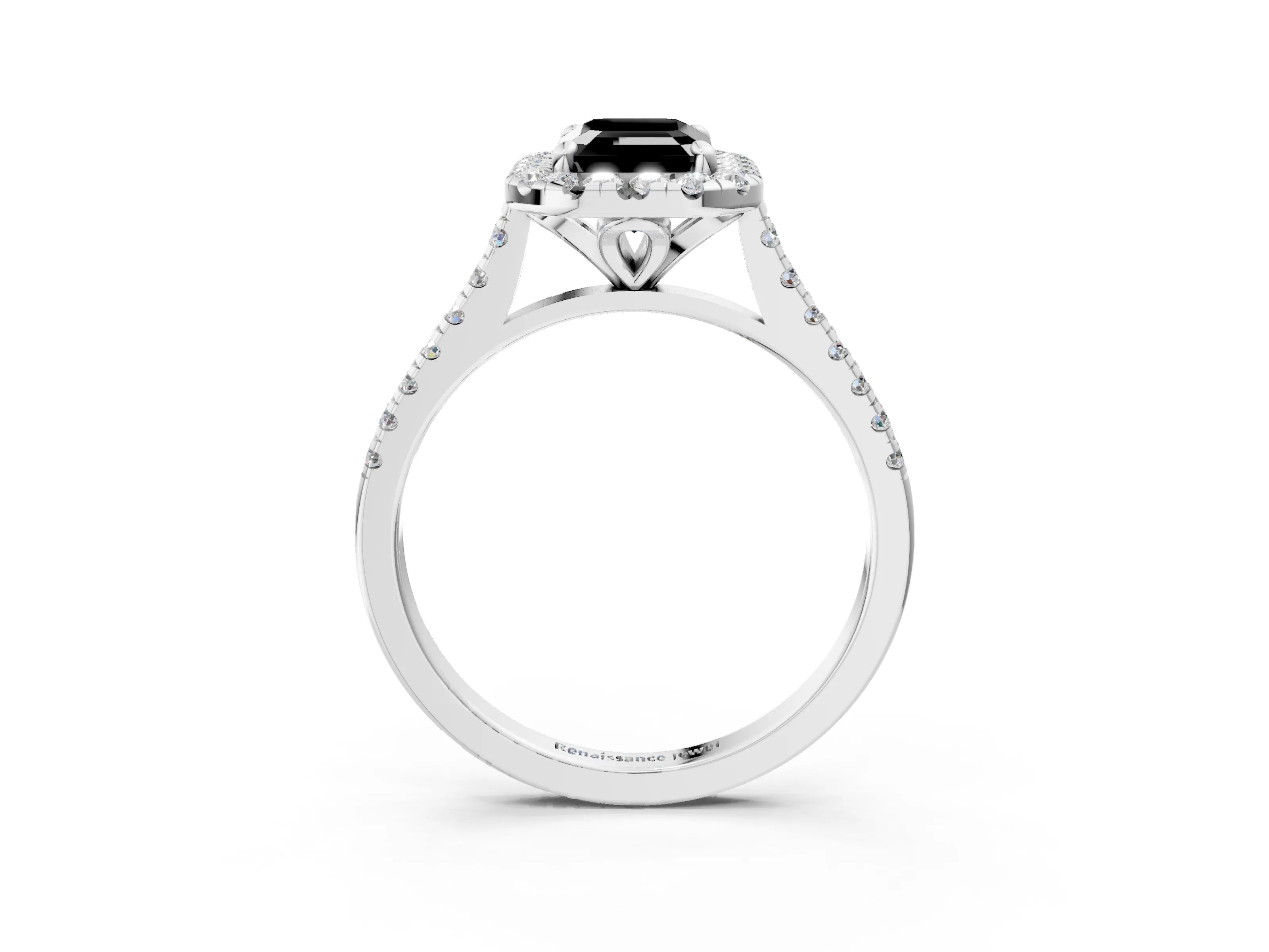 White gold Fancy Black Emerald Cut Diamond Cushion Halo Ring with Pavé Band_15