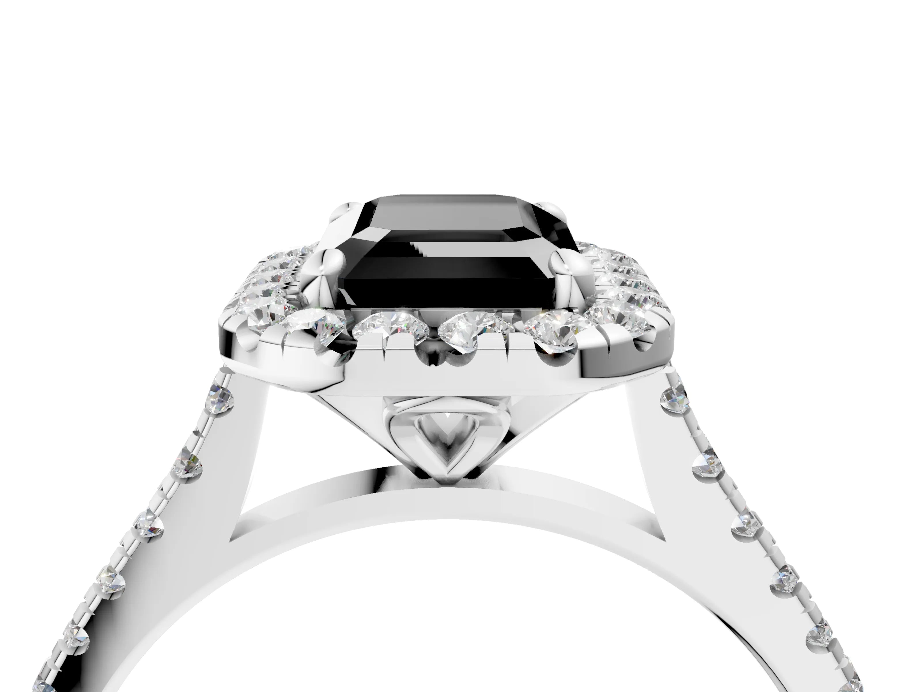 White gold Fancy Black Emerald Cut Diamond Cushion Halo Ring with Pavé Band_16