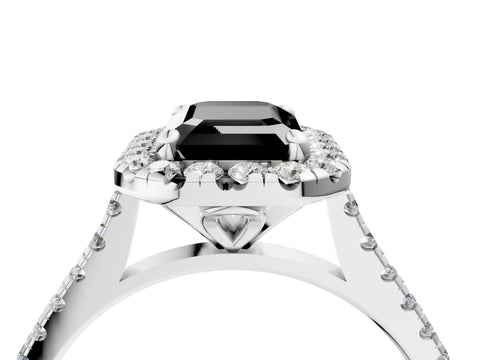 White gold Fancy Black Emerald Cut Diamond Cushion Halo Ring with Pavé Band_16