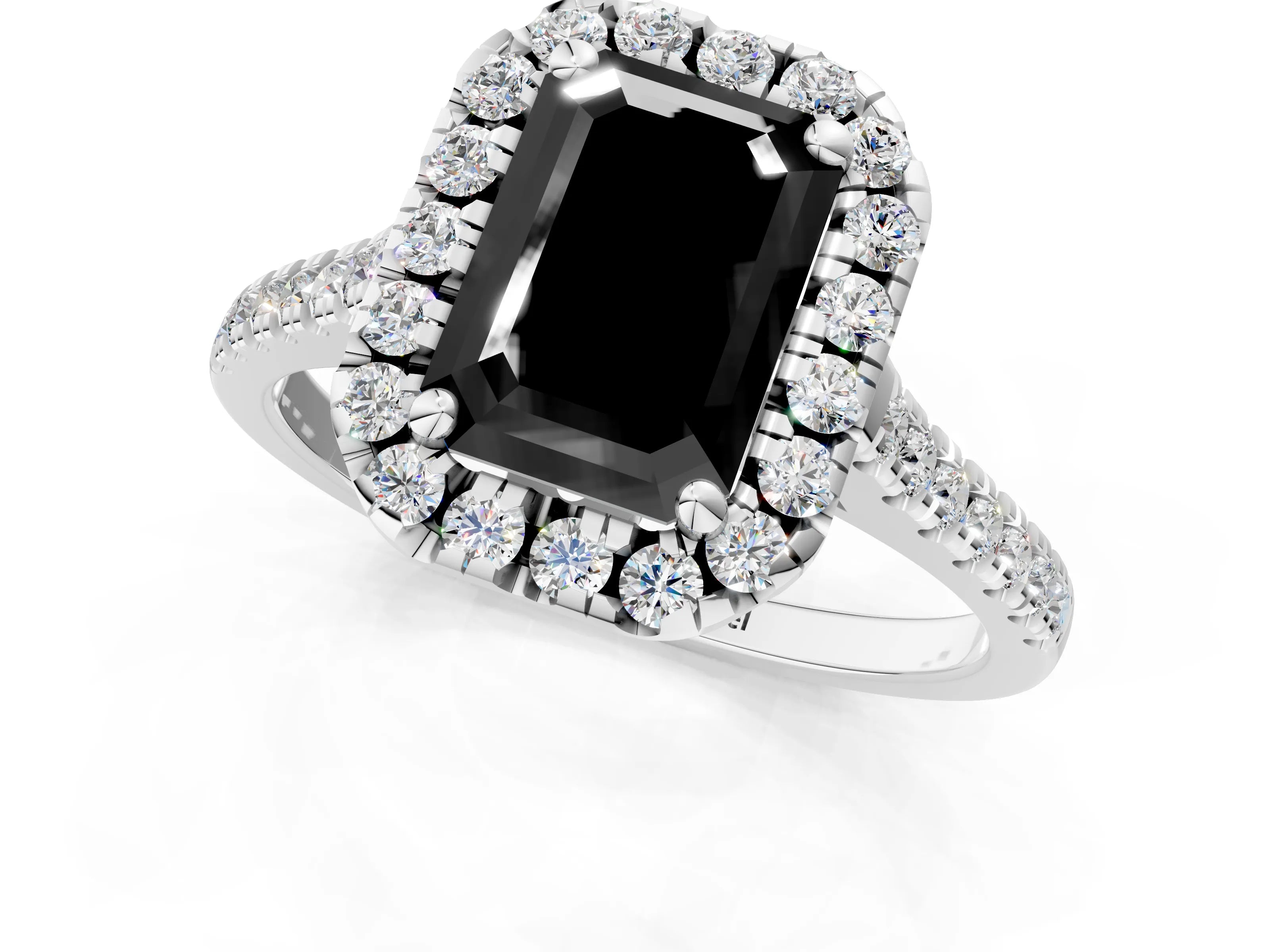 White gold Fancy Black Emerald Cut Diamond Cushion Halo Ring with Pavé Band_1