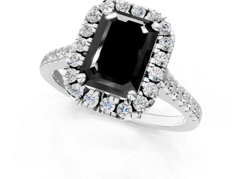 White gold Fancy Black Emerald Cut Diamond Cushion Halo Ring with Pavé Band_1