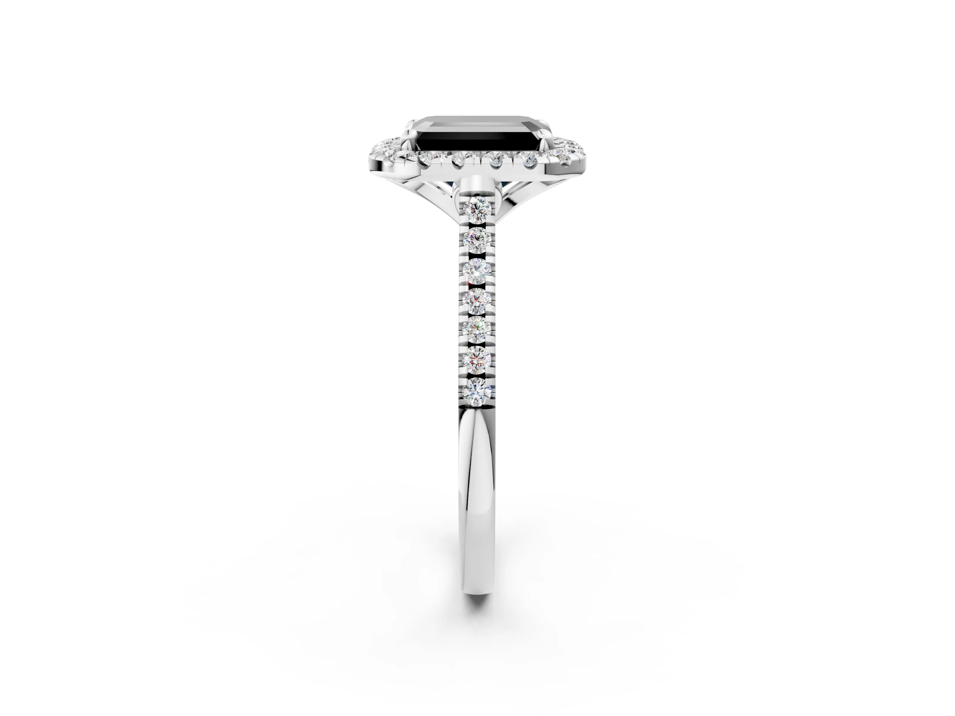 White gold Fancy Black Emerald Cut Diamond Cushion Halo Ring with Pavé Band_2