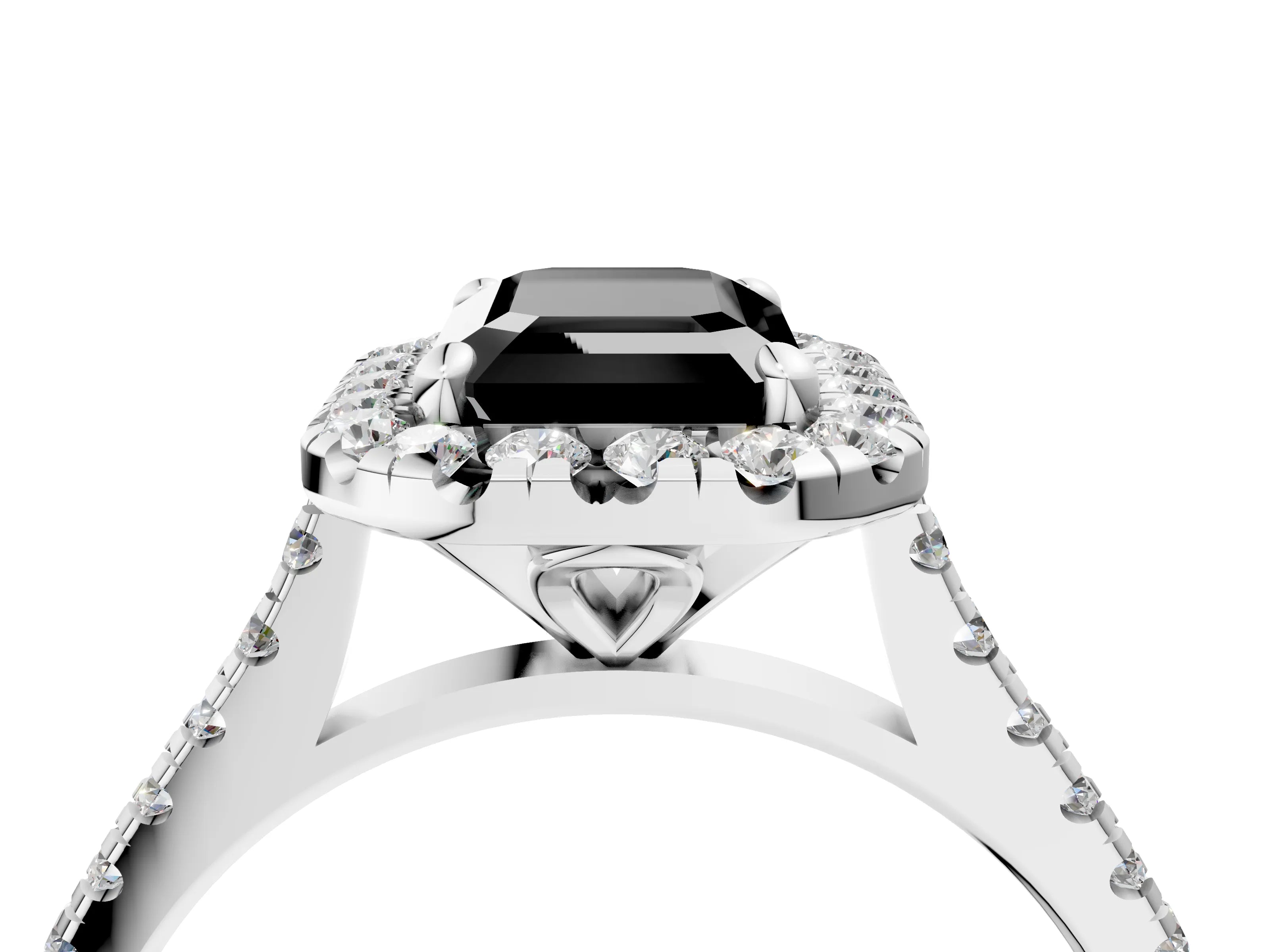 White gold Fancy Black Emerald Cut Diamond Cushion Halo Ring with Pavé Band_4