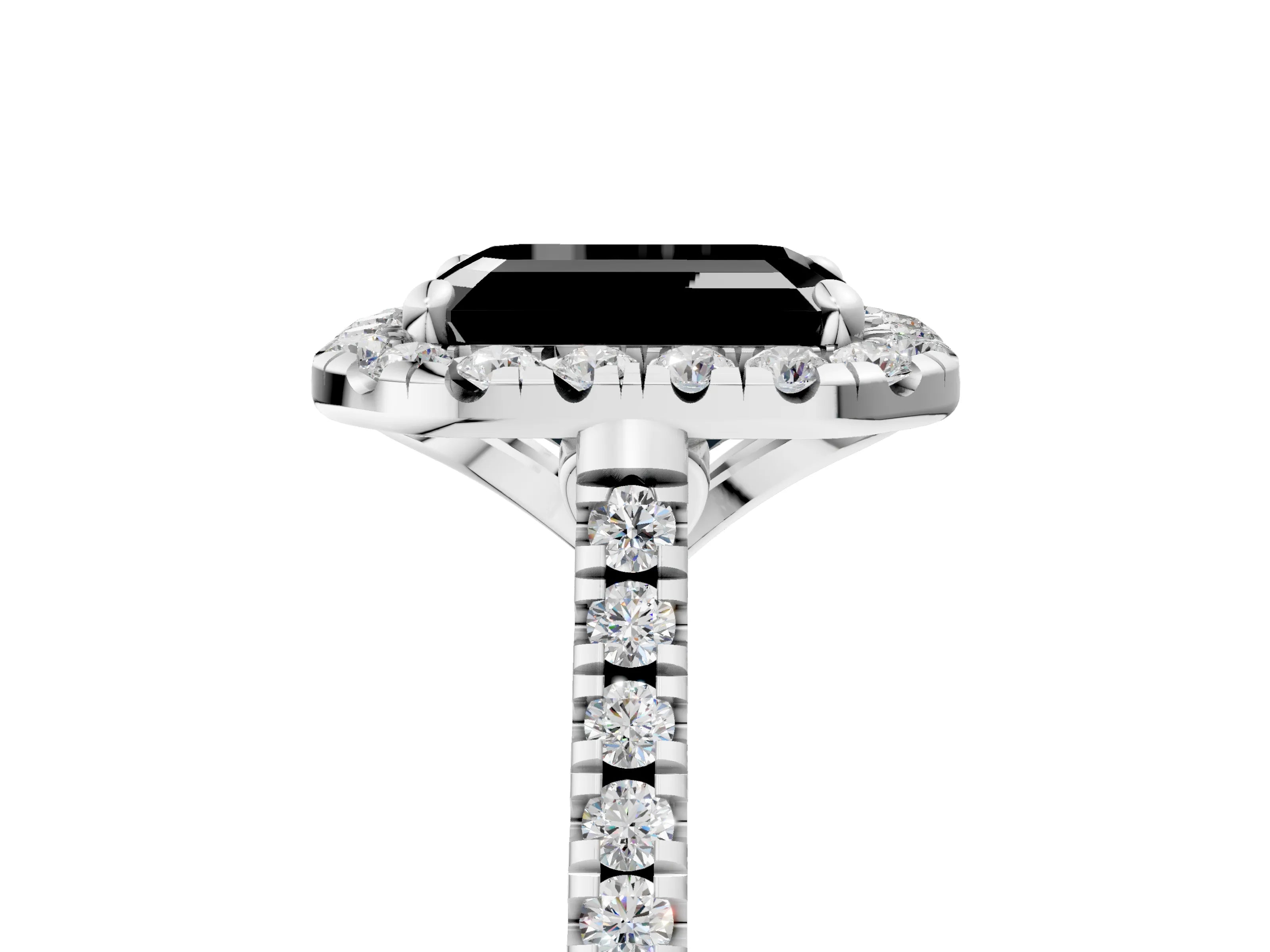 White gold Fancy Black Emerald Cut Diamond Cushion Halo Ring with Pavé Band_5