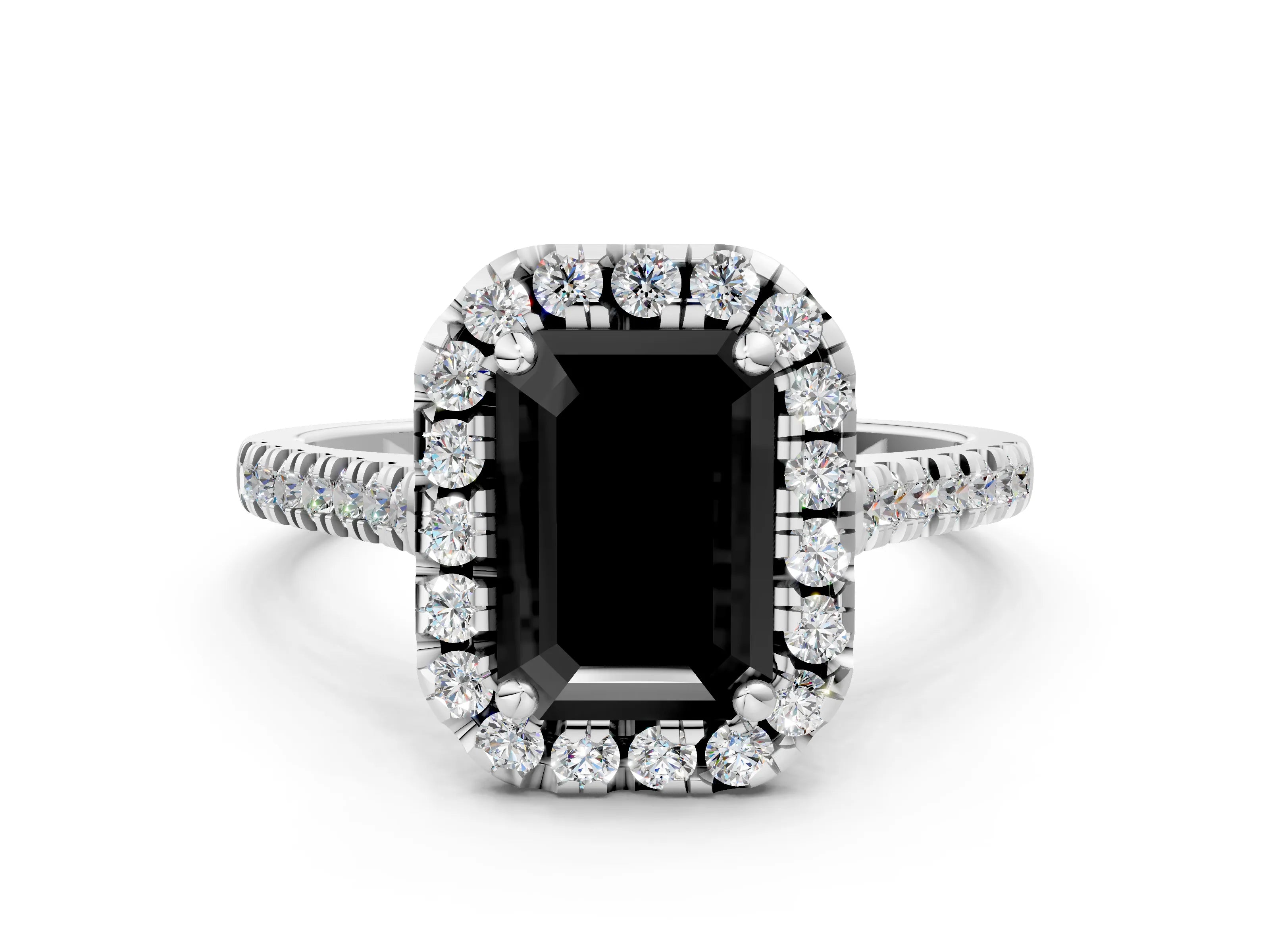 White gold Fancy Black Emerald Cut Diamond Cushion Halo Ring with Pavé Band