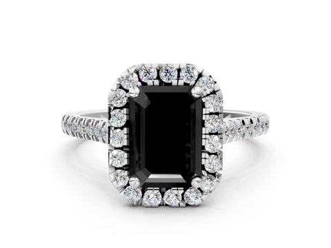 White gold Fancy Black Emerald Cut Diamond Cushion Halo Ring with Pavé Band