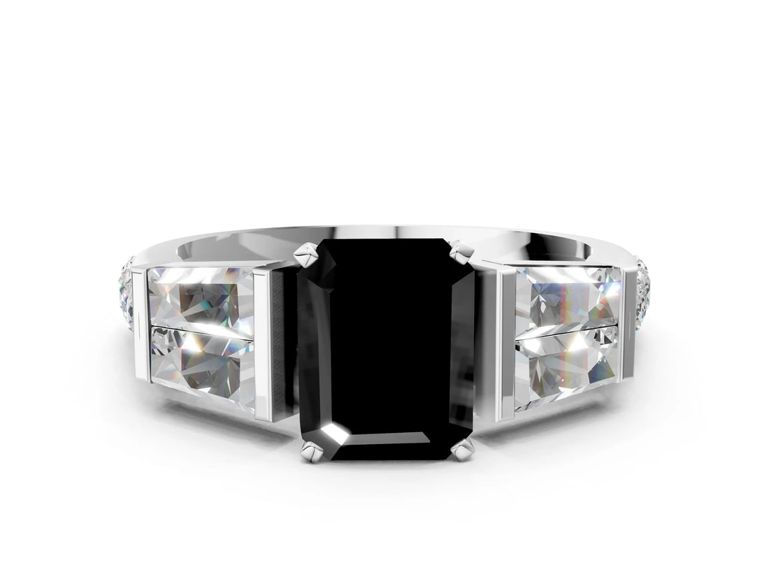White gold Fancy Black Emerald Cut Diamond Engagement Ring with Baguette Side Stones and Channel Set Band_24