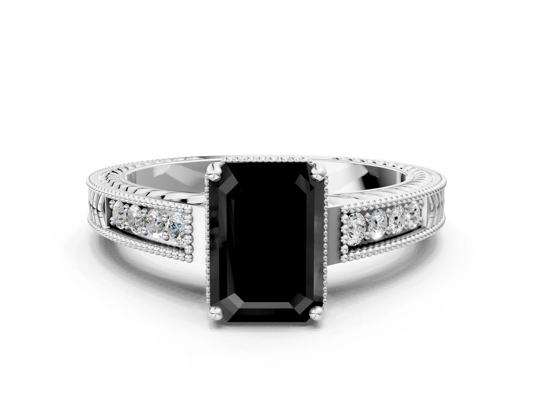 White gold Fancy Black Emerald Cut Diamond Engagement Ring with Milgrain Channel Set Band and Prong Setting