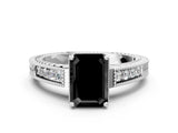 White gold Fancy Black Emerald Cut Diamond Engagement Ring with Milgrain Channel Set Band and Prong Setting