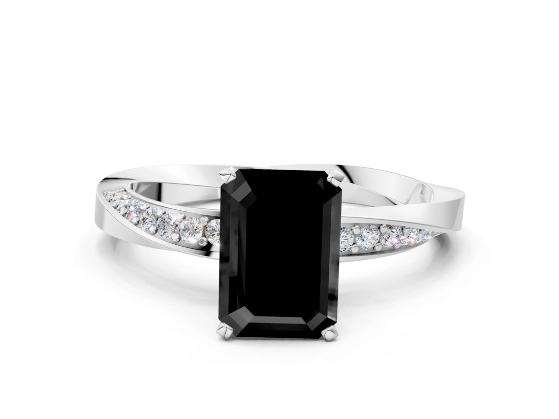 White gold Fancy Black Emerald Cut Diamond Engagement Ring with Side Stone Accents and Four-Prong Setting_24