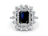 White gold Fancy Black Emerald Cut Diamond Floral Double Halo Engagement Ring with Prong Setting