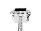 White gold Fancy Black Emerald Cut Diamond Floral Halo Ring with Pavé Band and Prong Setting_12