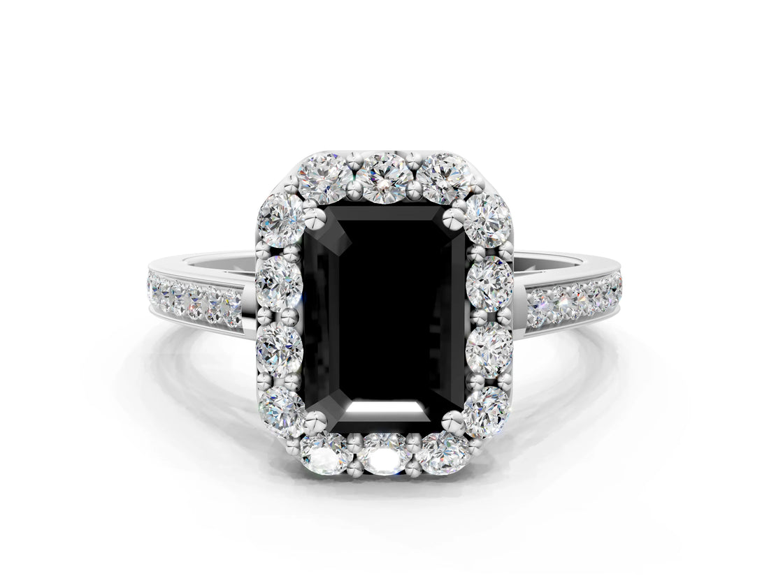 White gold Fancy Black Emerald Cut Diamond Floral Halo Ring with Pavé Band and Prong Setting_7