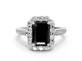 White gold Fancy Black Emerald Cut Diamond Floral Halo Ring with Pavé Band and Prong Setting_7