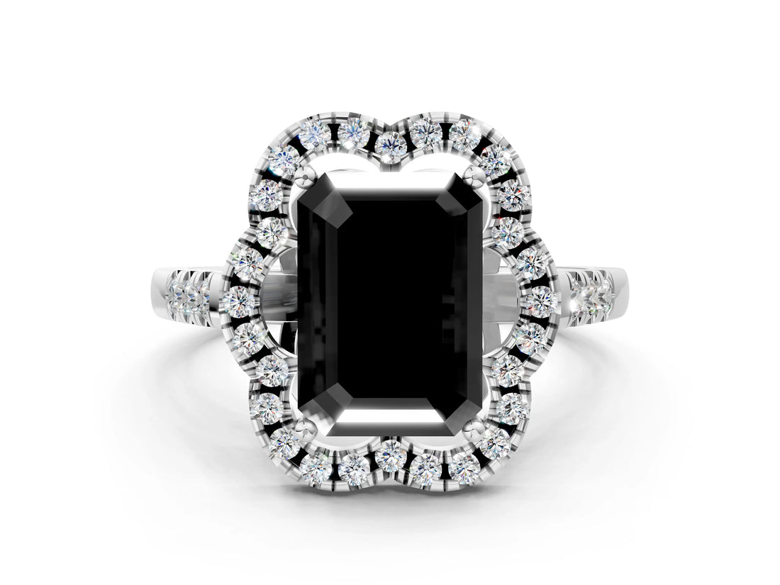White gold Fancy Black Emerald Cut Diamond Floral Halo Split Shank Prong Setting Ring