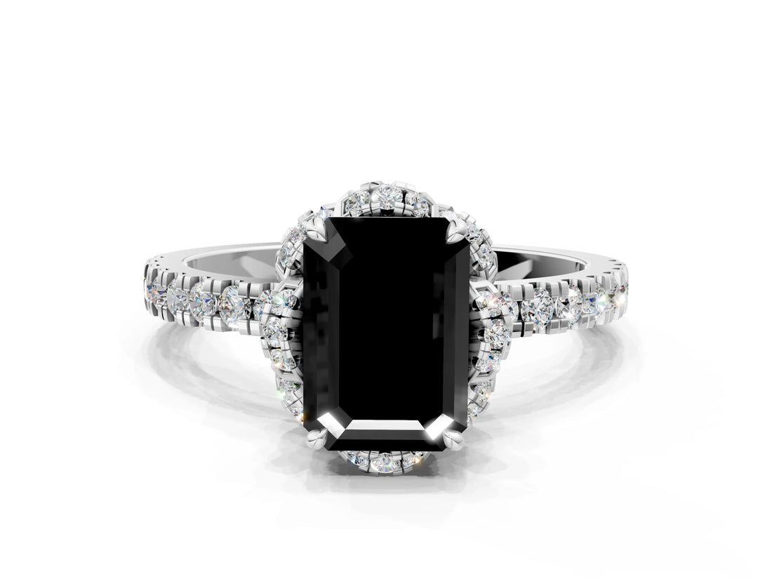 White gold Fancy Black Emerald Cut Diamond Halo Pave Band with Four-Prong Setting_3