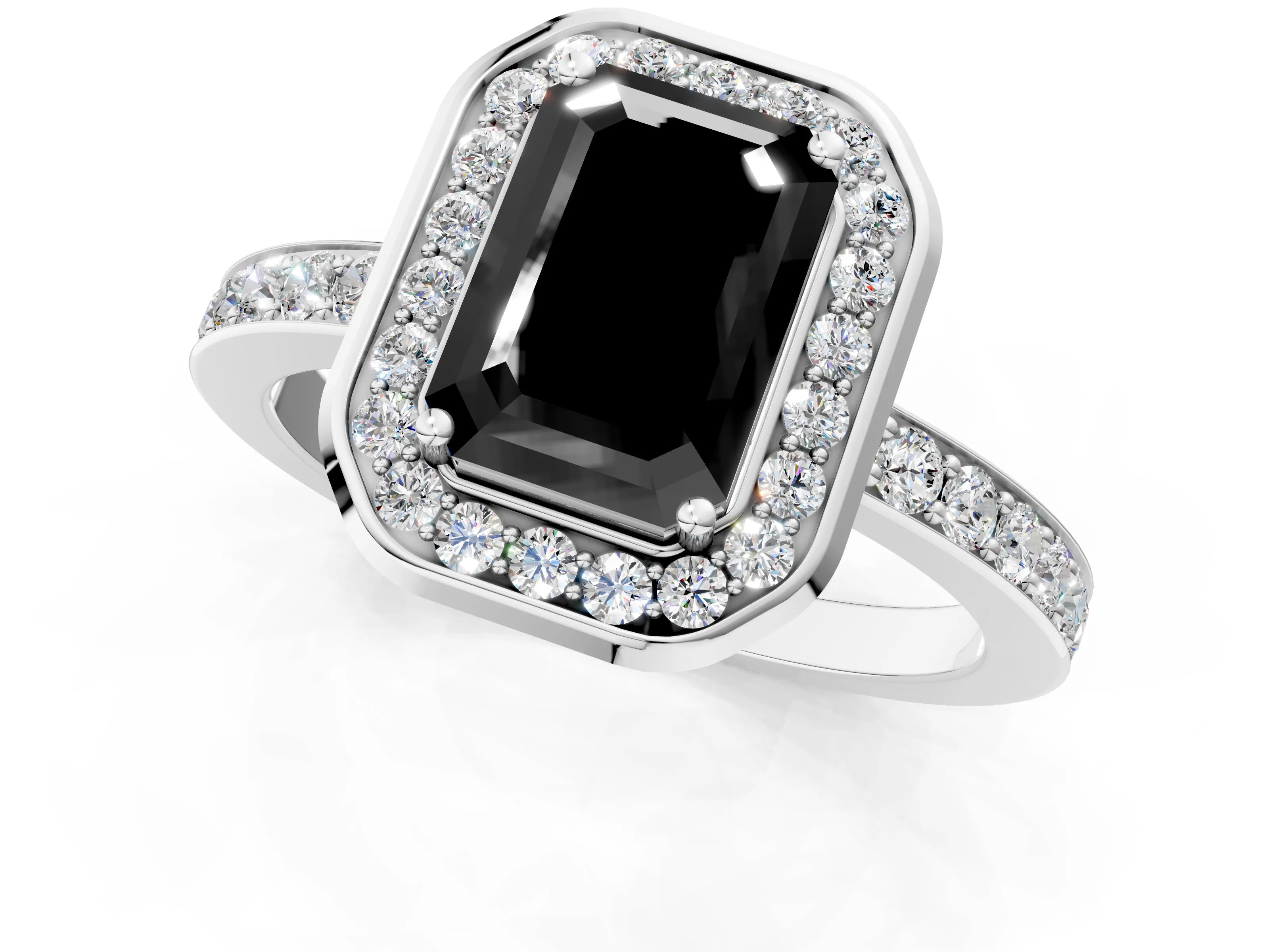 White gold Fancy Black Emerald Cut Diamond Halo Ring with Bezel Frame and Pavé Band_1