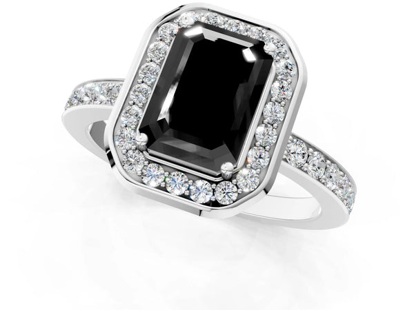 Platinum Emerald Cut Pave Bezel-Rim Halo Engagement Ring Setting for Black Center