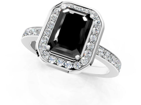 White gold Fancy Black Emerald Cut Diamond Halo Ring with Bezel Frame and Pavé Band_1