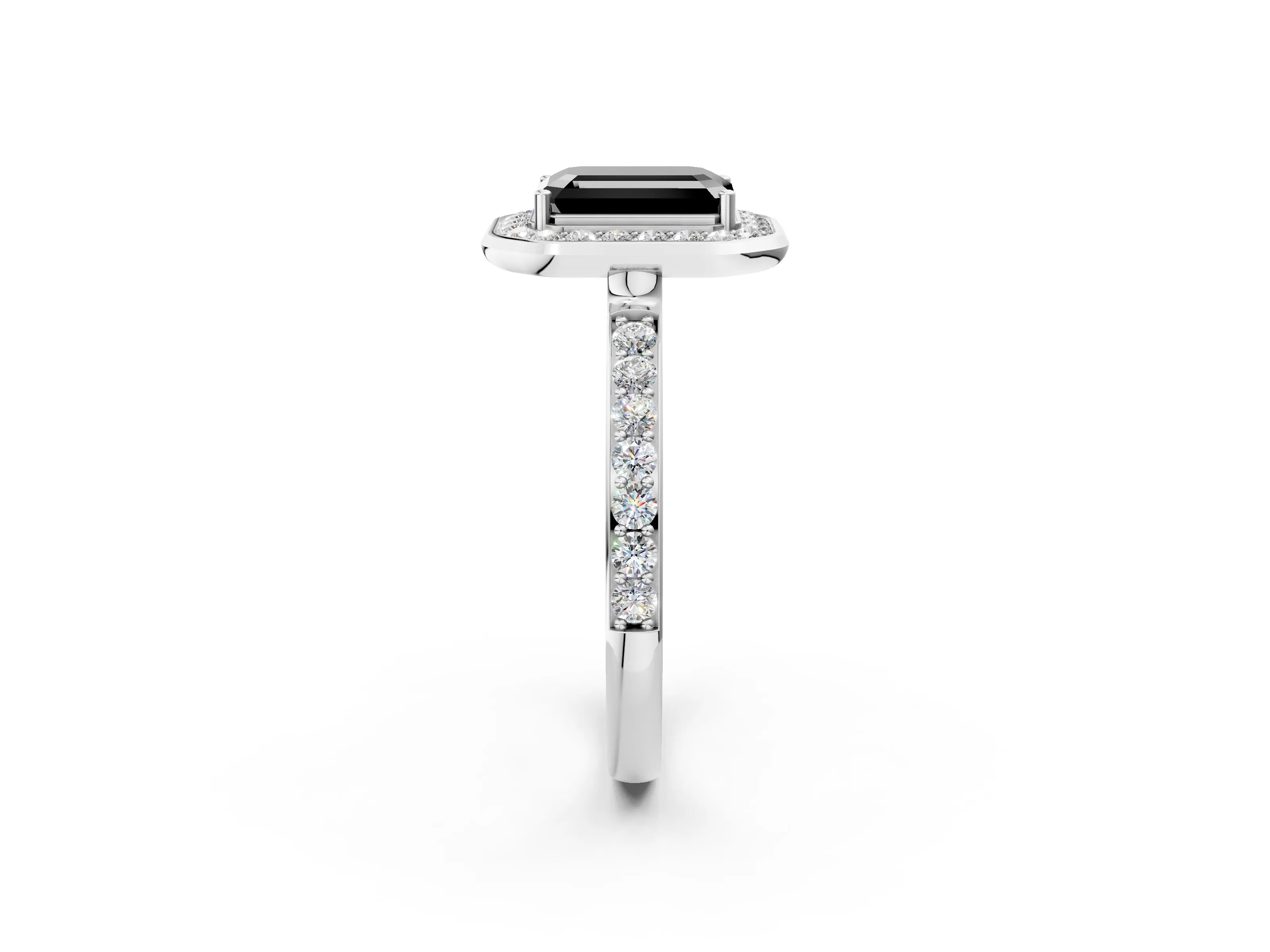 White gold Fancy Black Emerald Cut Diamond Halo Ring with Bezel Frame and Pavé Band_2