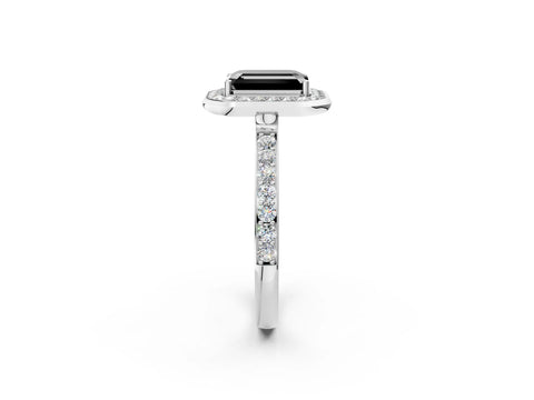 White gold Fancy Black Emerald Cut Diamond Halo Ring with Bezel Frame and Pavé Band_2