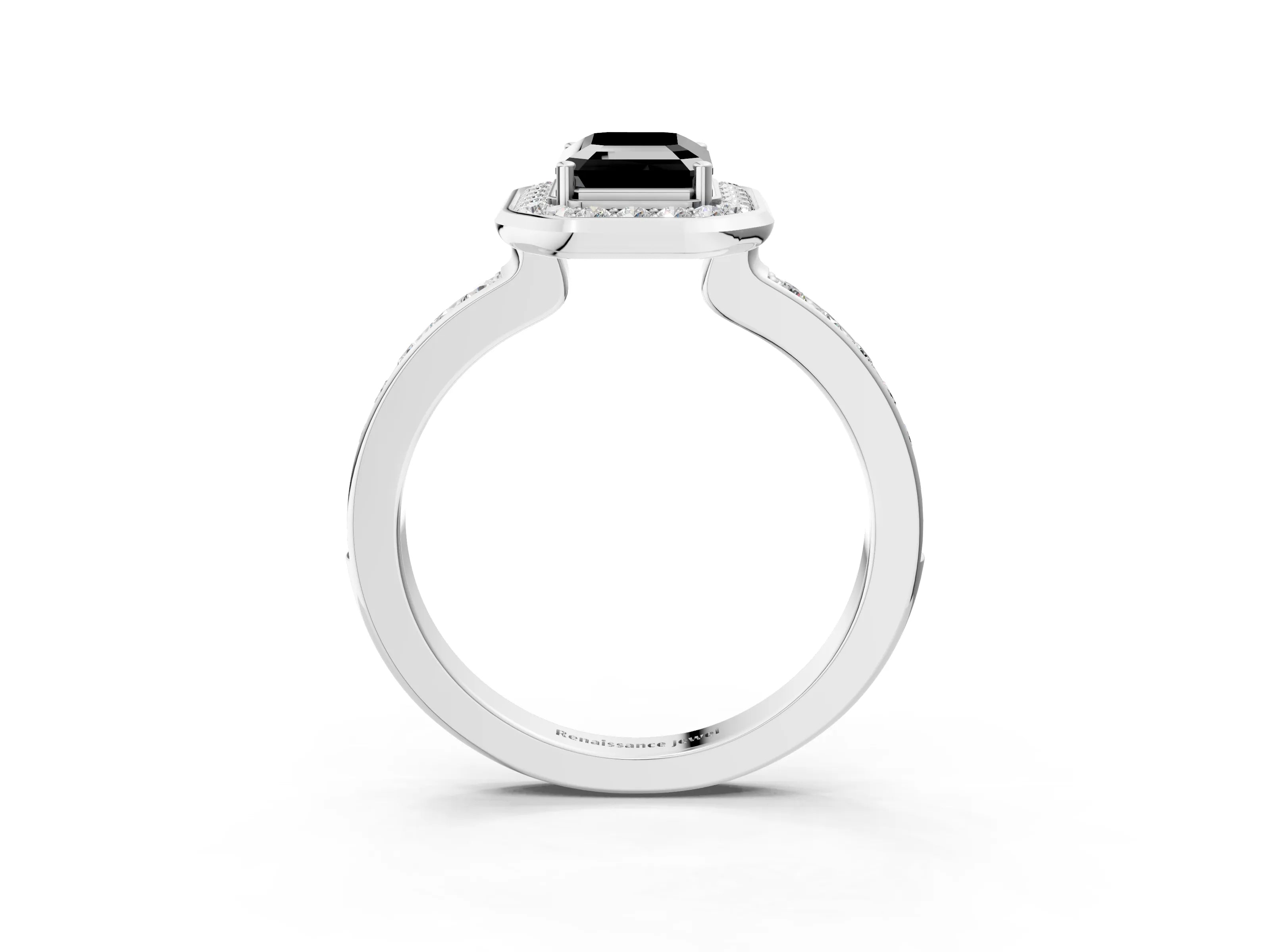 White gold Fancy Black Emerald Cut Diamond Halo Ring with Bezel Frame and Pavé Band_3