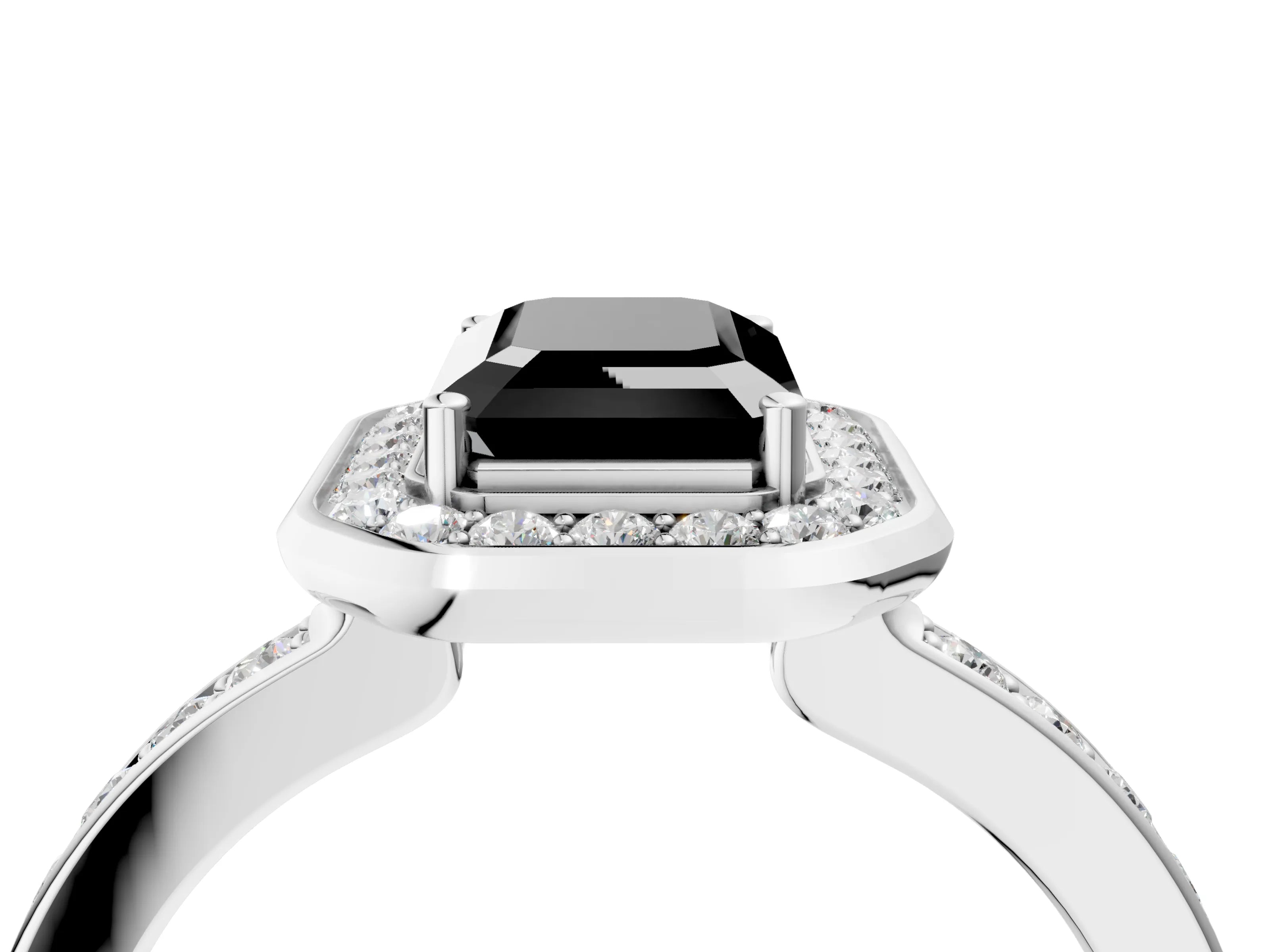 White gold Fancy Black Emerald Cut Diamond Halo Ring with Bezel Frame and Pavé Band_4