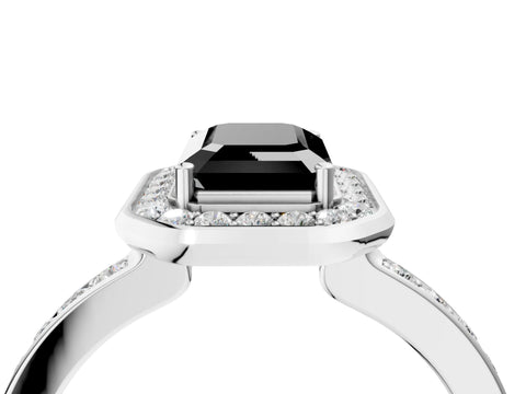 White gold Fancy Black Emerald Cut Diamond Halo Ring with Bezel Frame and Pavé Band_4