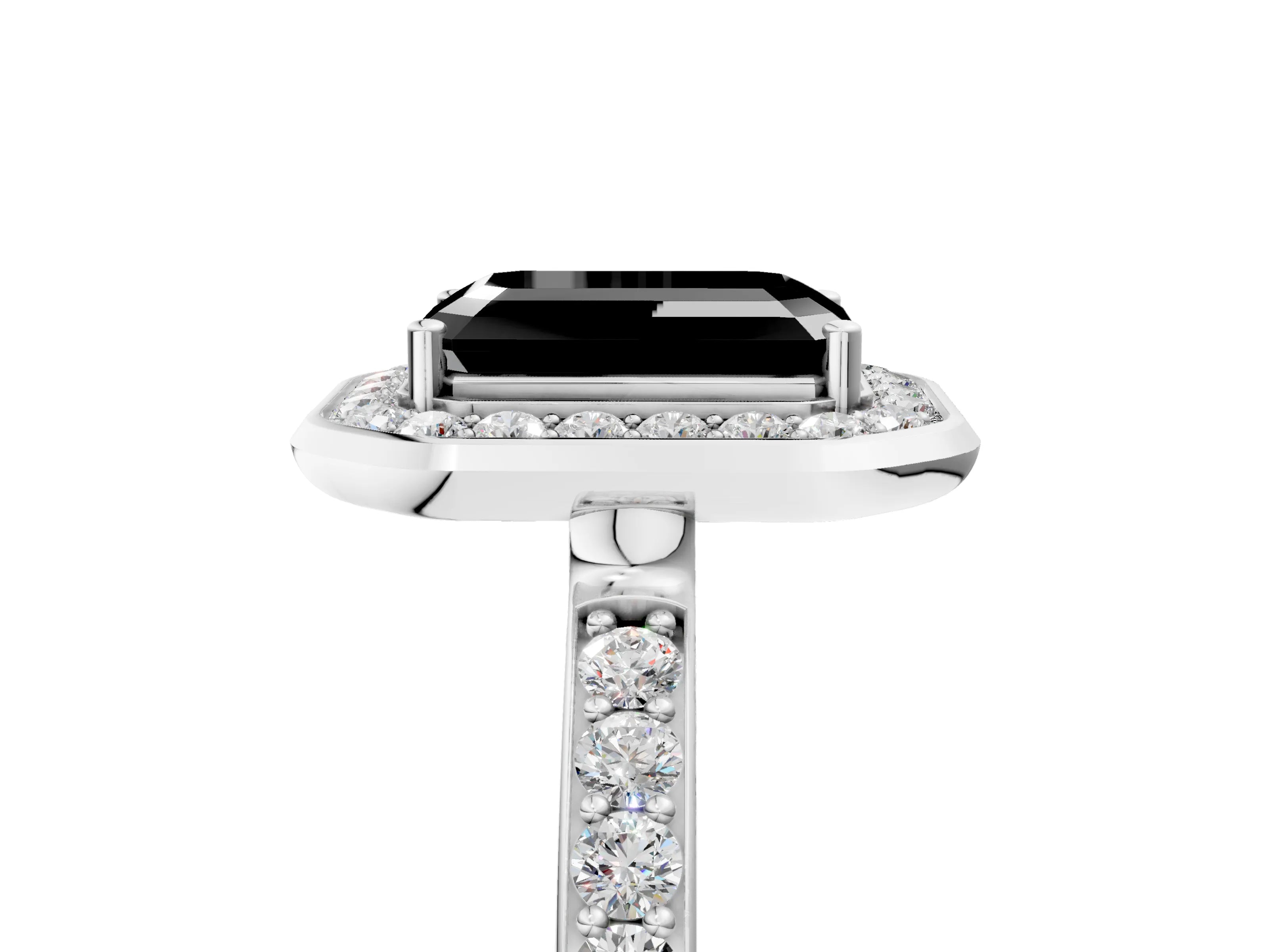 White gold Fancy Black Emerald Cut Diamond Halo Ring with Bezel Frame and Pavé Band_5
