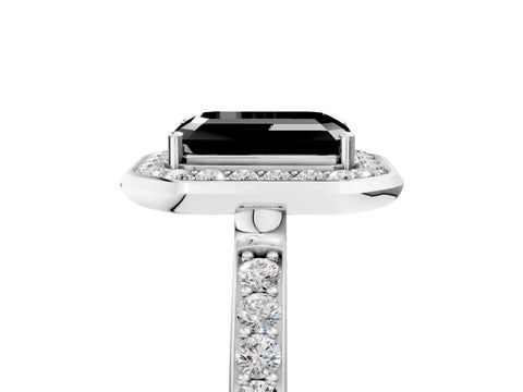 White gold Fancy Black Emerald Cut Diamond Halo Ring with Bezel Frame and Pavé Band_5