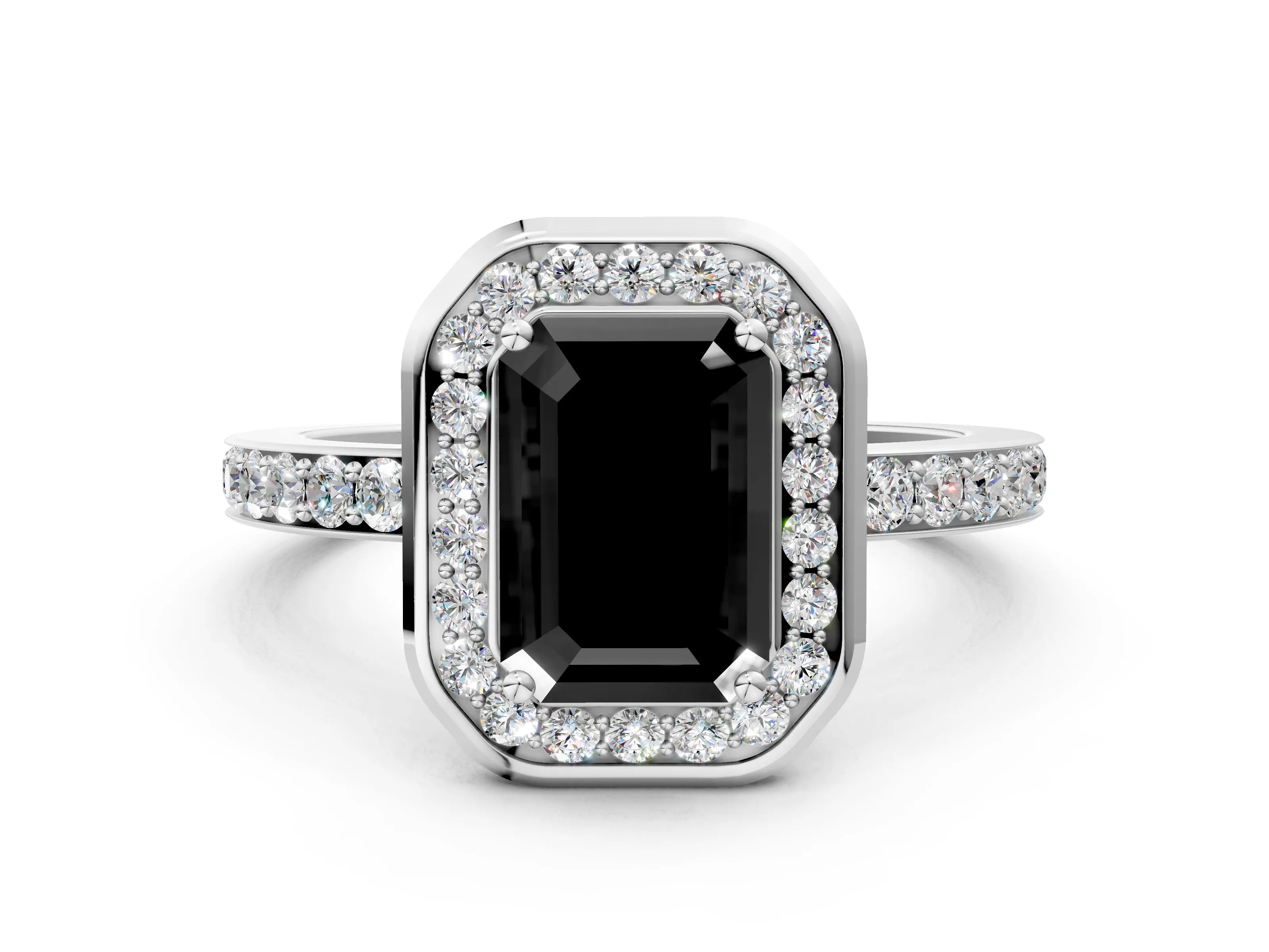 White gold Fancy Black Emerald Cut Diamond Halo Ring with Bezel Frame and Pavé Band