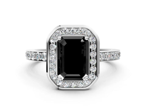 White gold Fancy Black Emerald Cut Diamond Halo Ring with Bezel Frame and Pavé Band