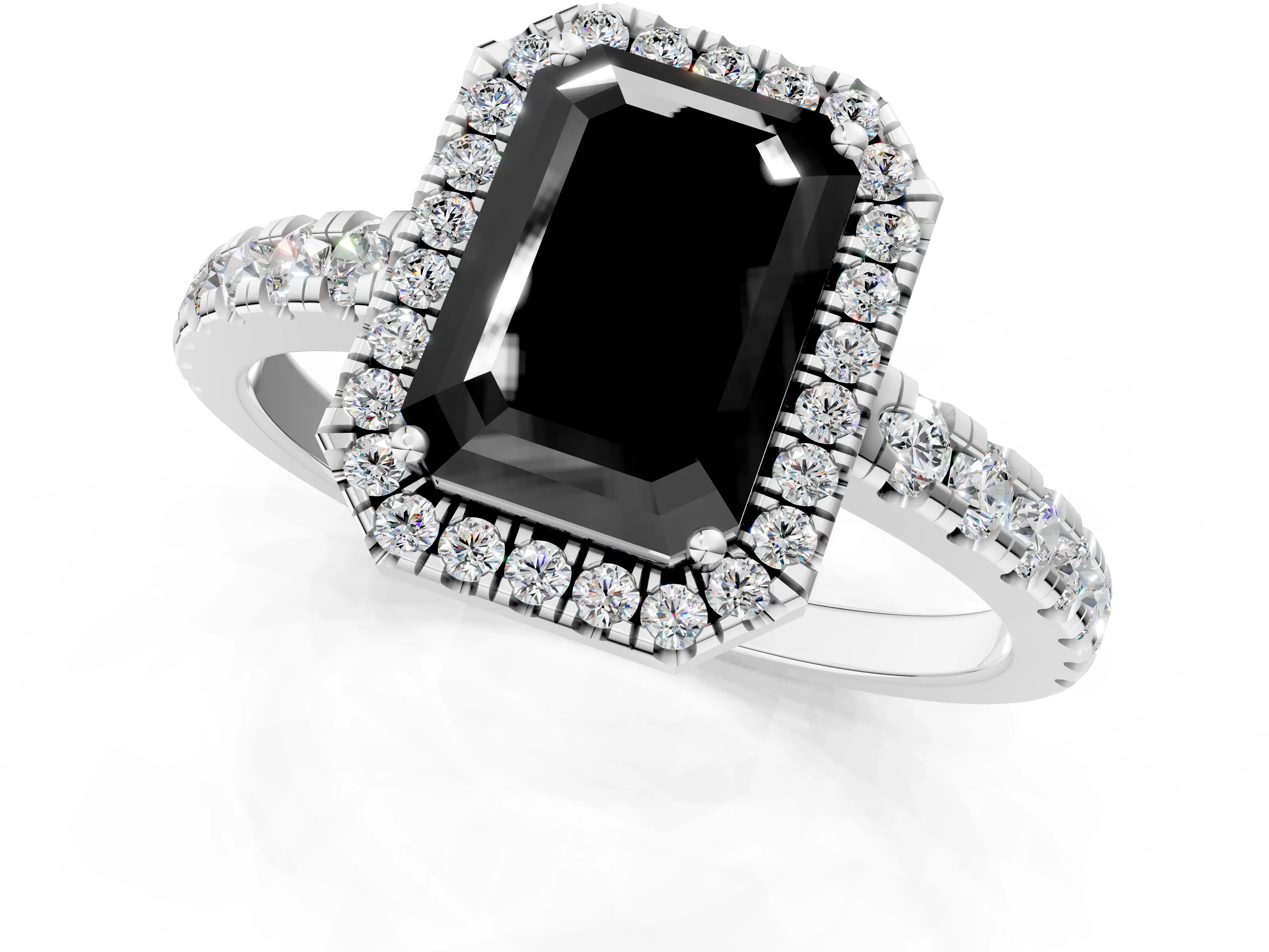 White gold Fancy Black Emerald Cut Diamond Halo Ring with Pavé Band and Four-Prong Setting_1