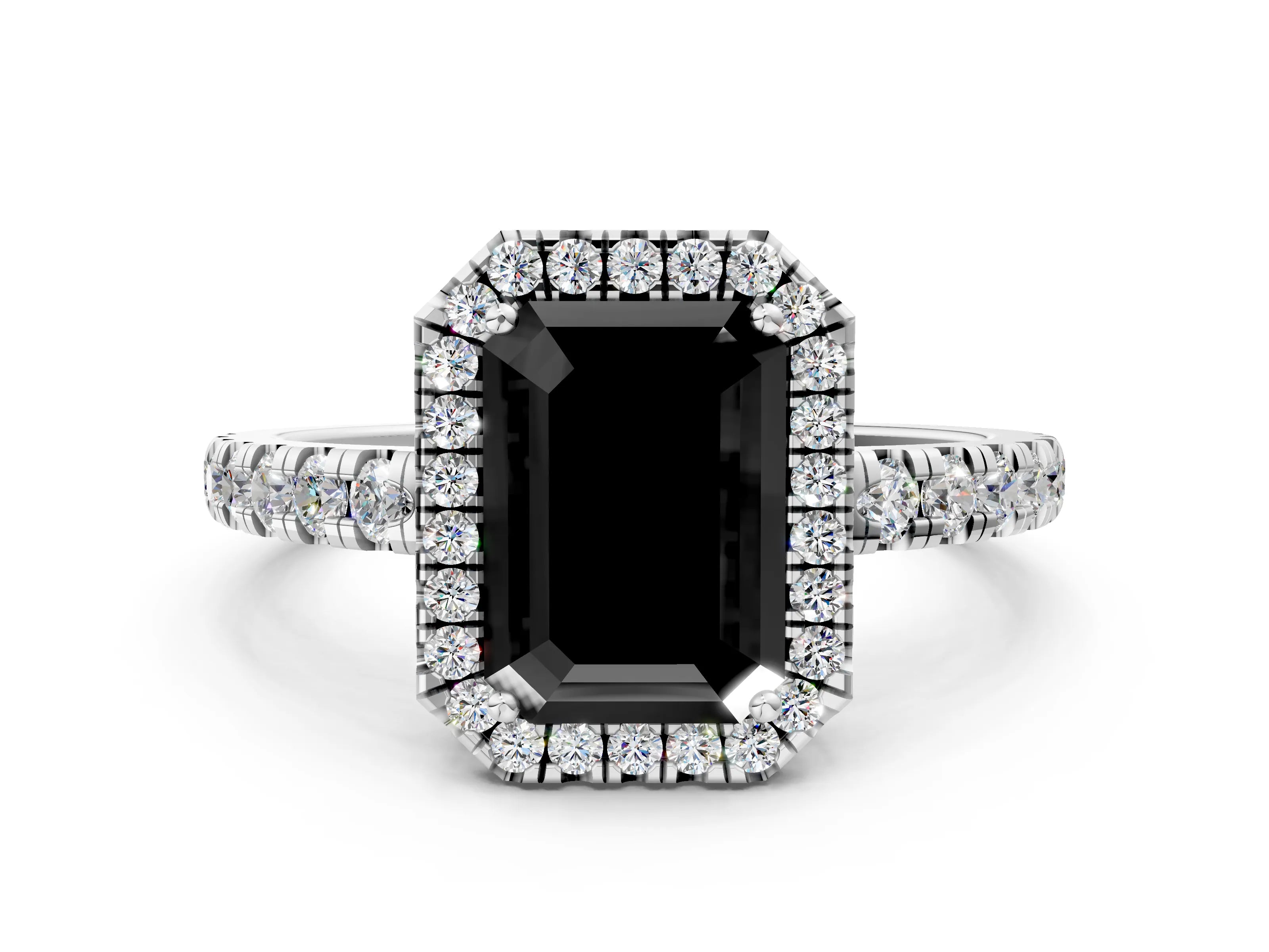 White gold Fancy Black Emerald Cut Diamond Halo Ring with Pavé Band and Four-Prong Setting_12