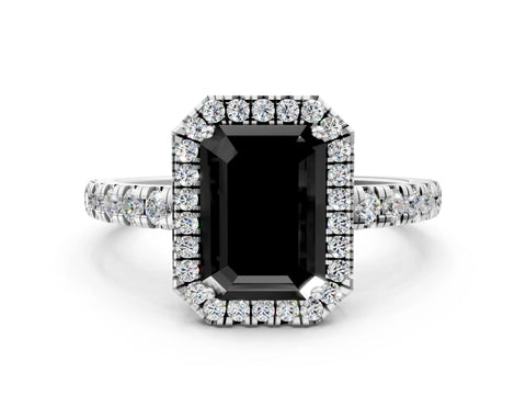 White gold Fancy Black Emerald Cut Diamond Halo Ring with Pavé Band and Four-Prong Setting_12